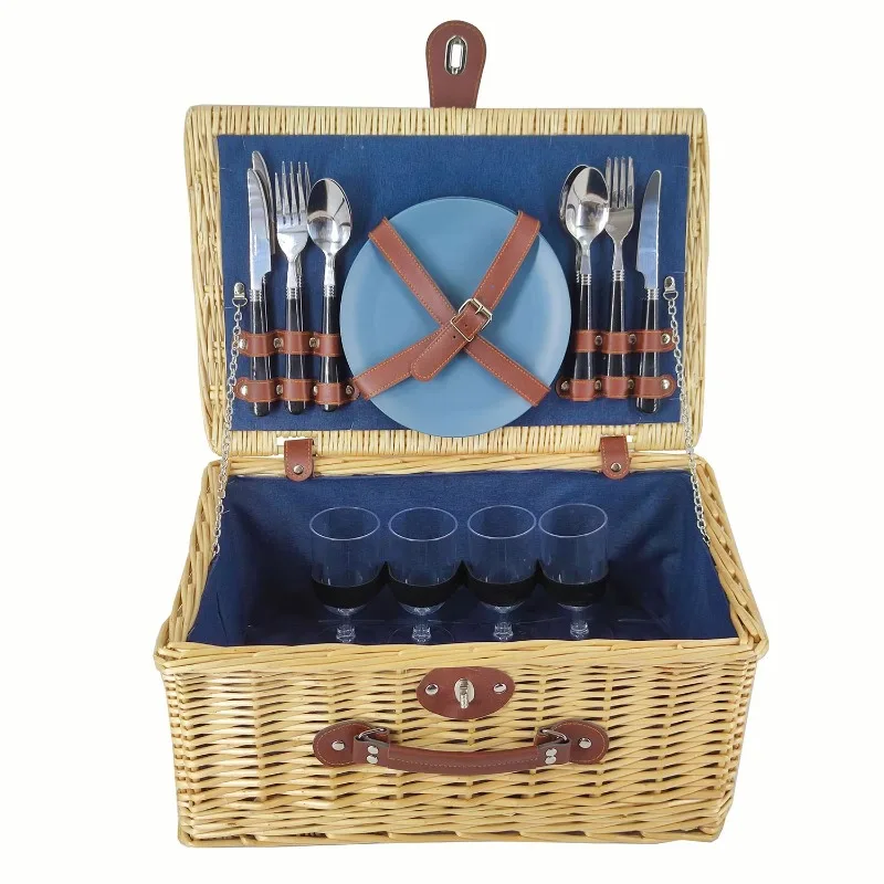 

4 Person Vine Willow Hand Basket Wicker Picnic Basket Outdoor Camping Natural Style