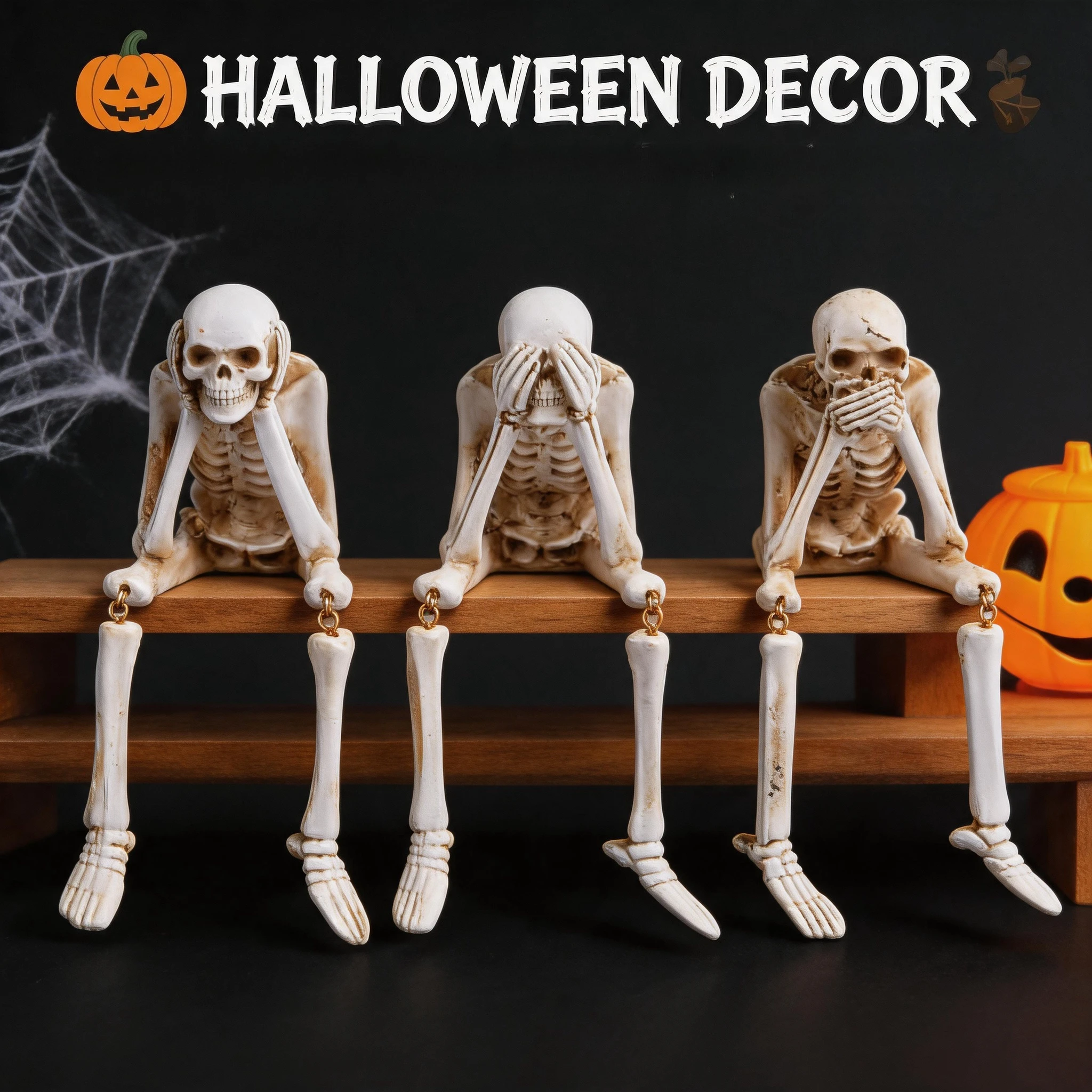 Gothic Desktop Skeleton Decor Statues See Speak Hear No Evil Halloween Resin Hanging Leg Skull for Table Edge Ornament