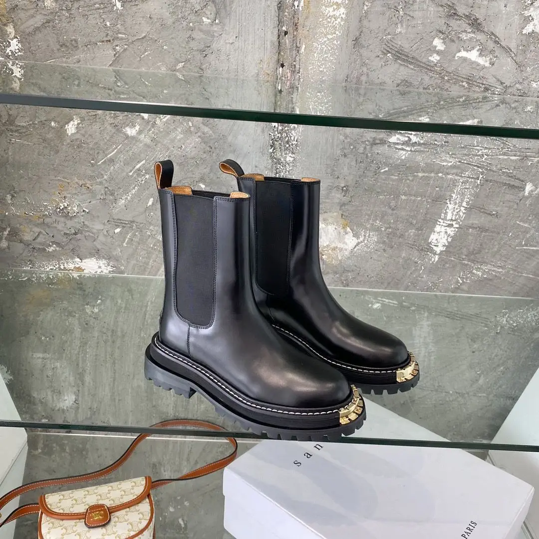 

Женские кожаные ботинки челси на среднем каблуке, модель Big Gold Tooth British Platform, новинка