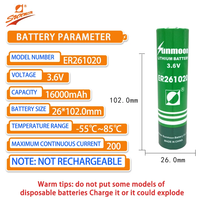 Sunmoon ER261020 lithium thionyl chloride battery 3.6V mining drill pipe mining sensor GPS locator, medical equipment