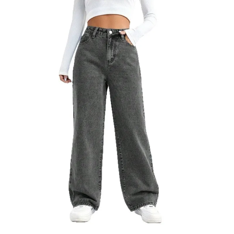 Women's High Waist Wide Leg Straight Leg Loose Fit Light Wash Cotton Long Wrinkle Resistant Jeans with Functional Pocket Detail view 5