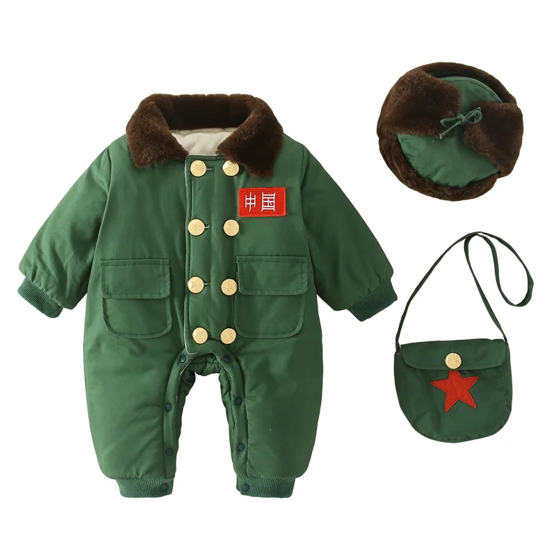 

Baby Northeast Army Green jumpsuit Winter newborn clothes with plush 1-2 year old baby Ha Yi Warm jumpsuit