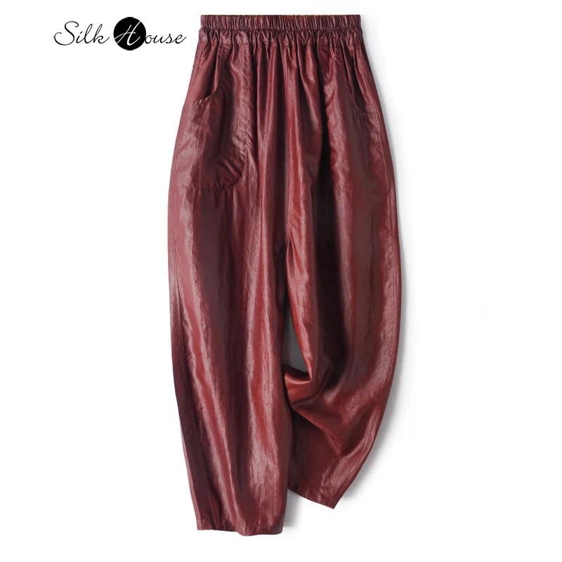 

2025 Women's Fashion Autumn New Red Oil 100%Natural Mulberry Silk Fragrant Clouds Turtles Crack Elastic Waist Loose Pencil Pants