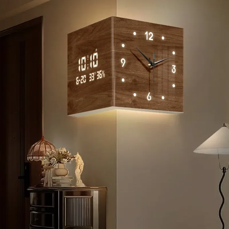 Medieval Style Electronic Wall Clock with Light Perpetual Calendar Double-Sided Living Room Corner TimepieceGoods in stock