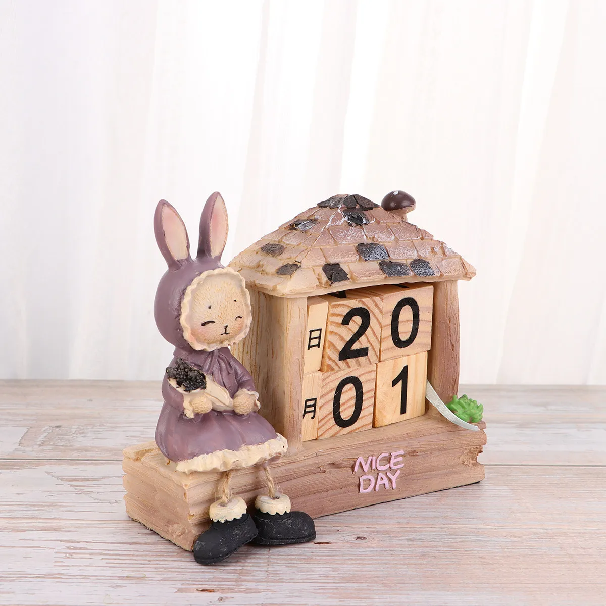 Rabbit Wooden Perpetual Calendar Desk Decor – Reusable Vintage Date Changer for Study Table, Bookshelf & Office