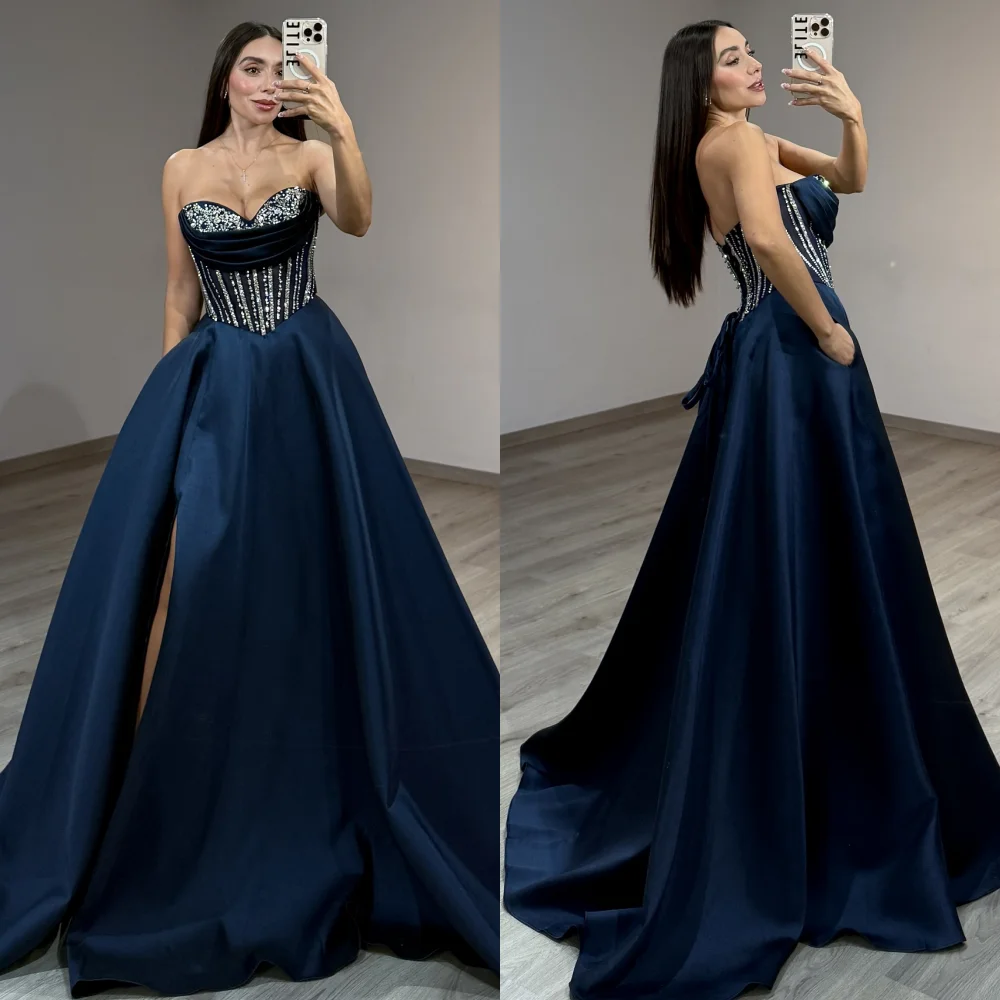

Customized High Quality Fashion Jersey Rhinestone Pleat A-line Strapless Long Dresses Bespoke Occasion Dresses Intricate Classic