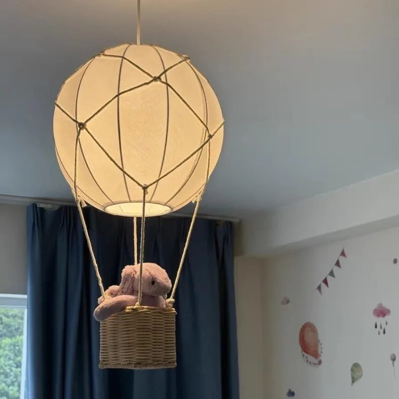 Hot Air Balloon Pendant Lamp Living Dining Room Children's Room Fabric Rattan Chandelier Bedroom Bedside Light Home Decoration