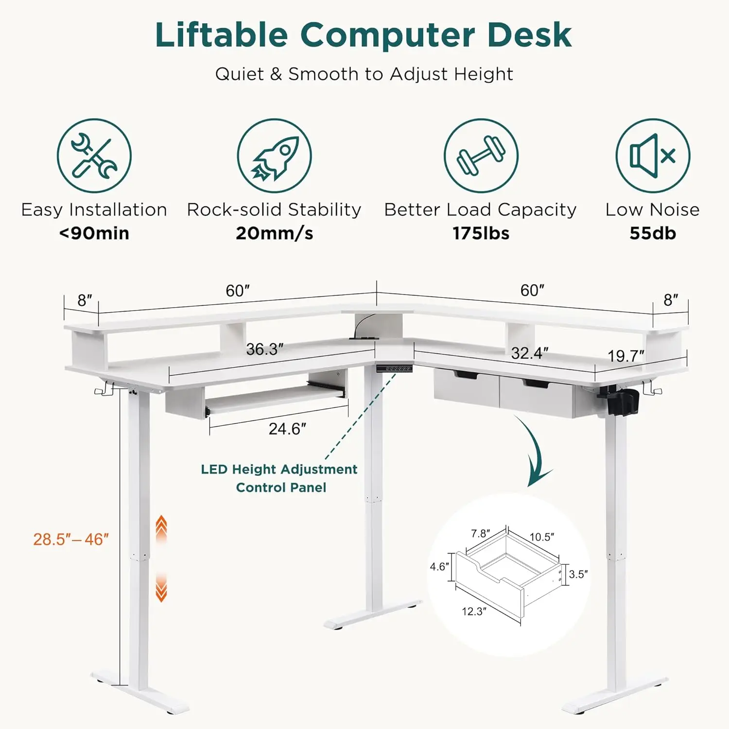 Redlemon 60 Inches L Shaped Electric Standing Desk, Height Adjustable Corner Gaming Desk With Drawers, Keyboard Tray, Power