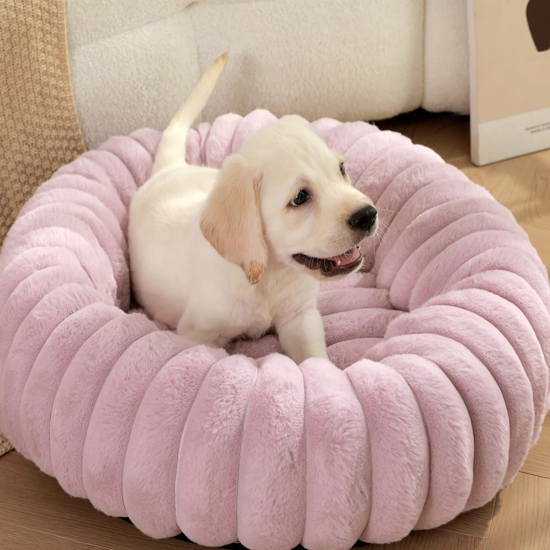 

Cute Modern Round Donut Soft Washable New Rabbit Plush Round Calming Pet Bed Dog Mat Cushion with Anti Slip Bottom