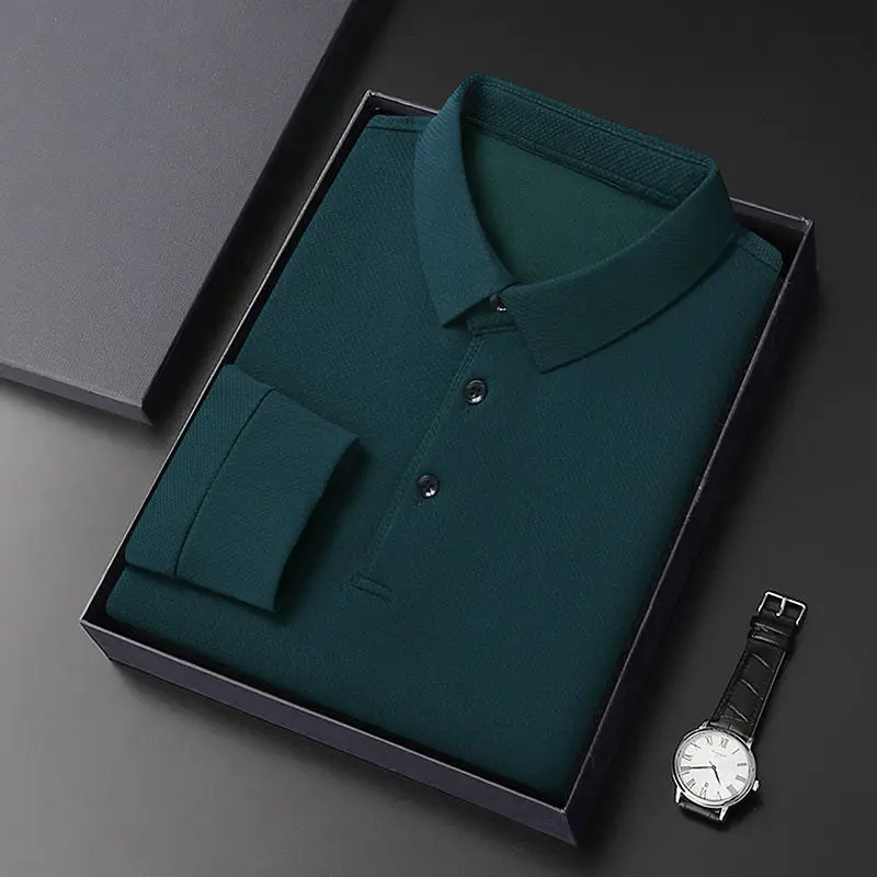 Polo à manches longues avec boutons simples pour hommes, pull monochrome, t-shirt décontracté, vêtements pour hommes, printemps, automne