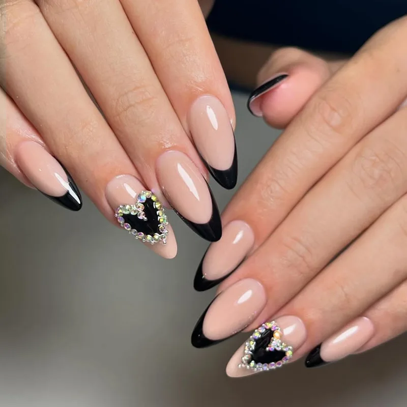 Black French Tips Press on Nails 3D White Bowknot Alloy Stars Designs Fake Nails Ballet Charms False Nails Korean Manicure 24Pcs