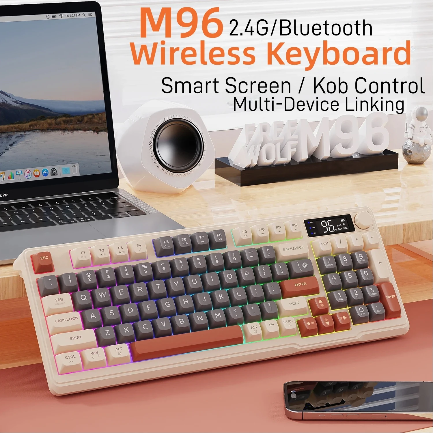 

USLION 96Keys Wireless Keyboard with Screen and Knob, Rechargeable Bluetooth Dual-Mode Connection Ergonomic Gaming Keyboard