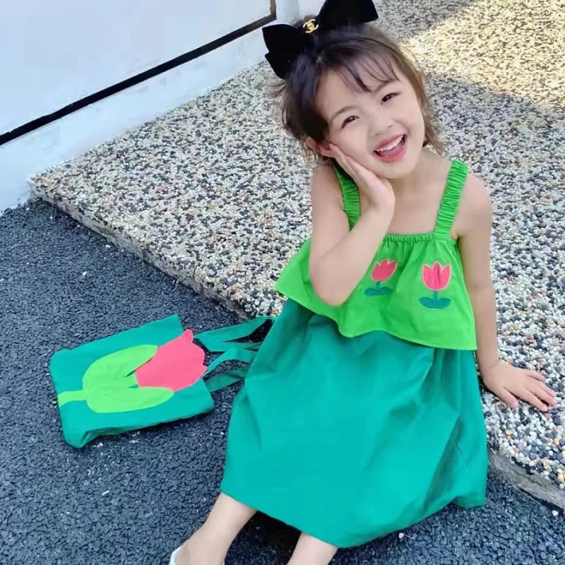 Girls' Dress Fake Two-Piece Small Flower Strap Dress Dress25Summer New Fashion Foreign Trade Children's Clothing Wholesale with