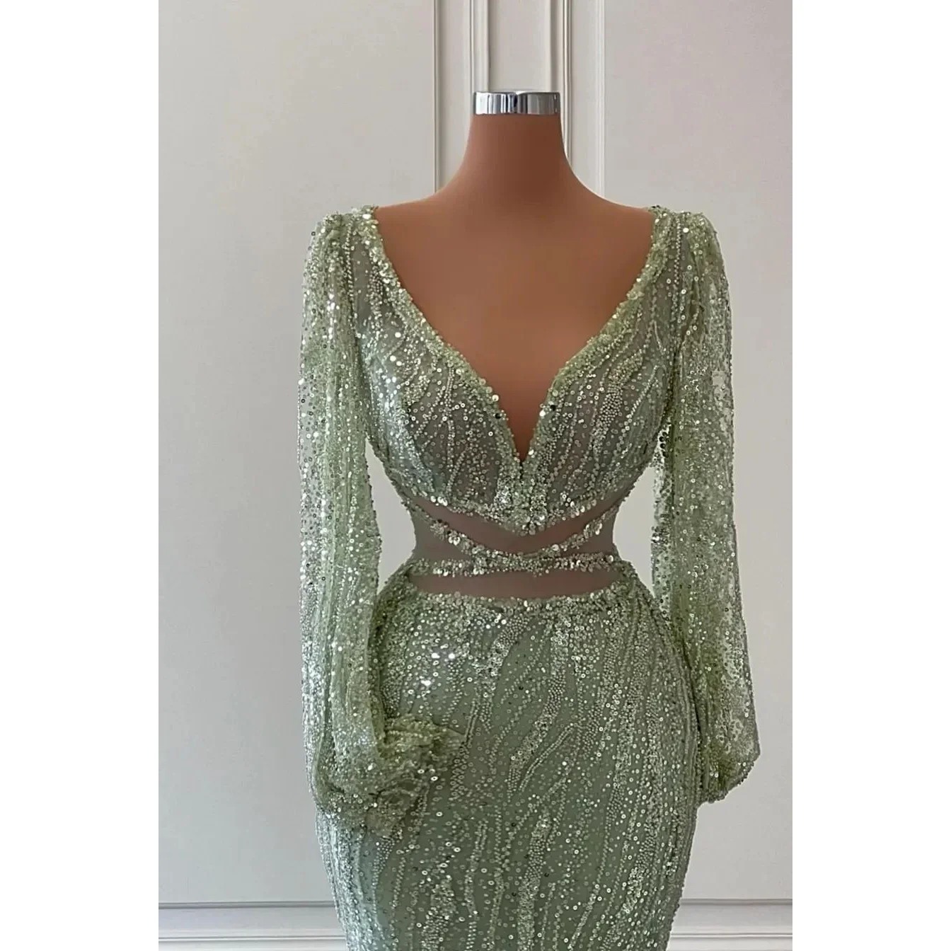 حورية البحر الأخضر أكمام طويلة فستان حفلة موسيقية رقبة V مع الخرز الترتر طول الأرض أنيقة ثوب المساء اللباس الرسمي حزب اللباس مخصص