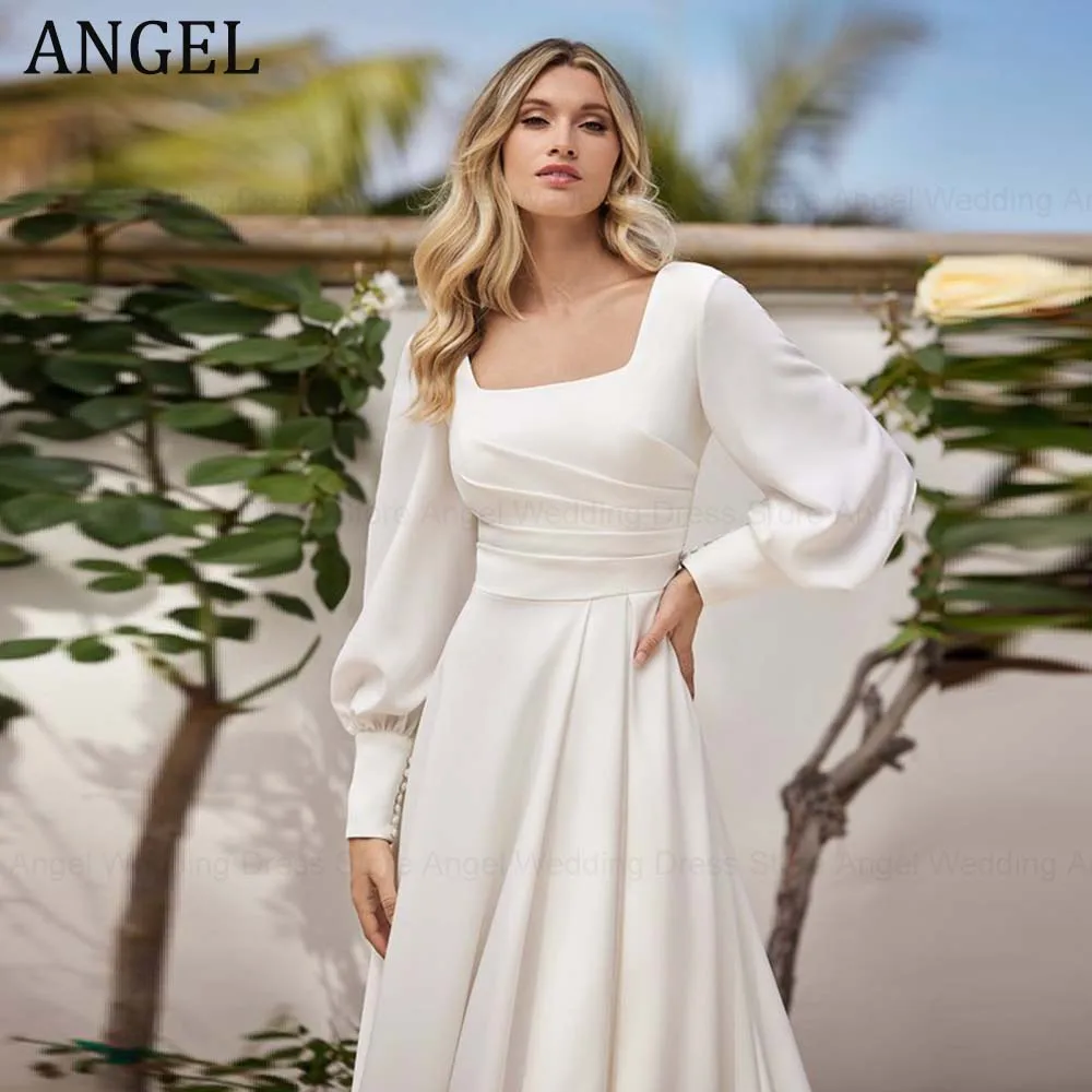 Anjo personalizado simples vestido de casamento para noiva 2026 a linha plissados gola quadrada longo vestido de noiva vestidos de noiva vestido de noite