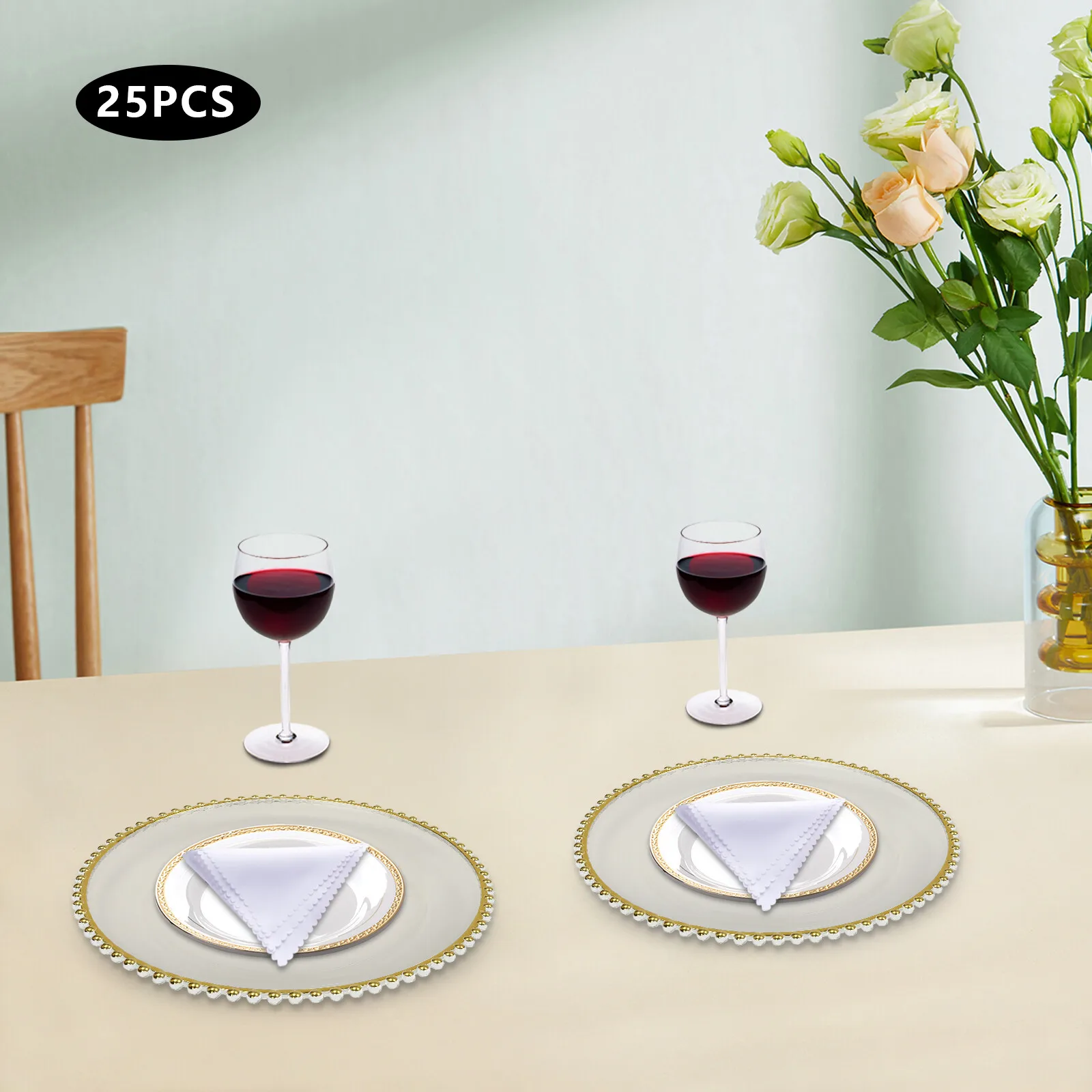 

25-Piece Clear & Gold Charger Plates PS Material With Hot Stamping, Elegant Beaded Edges For Weddings & Banquets