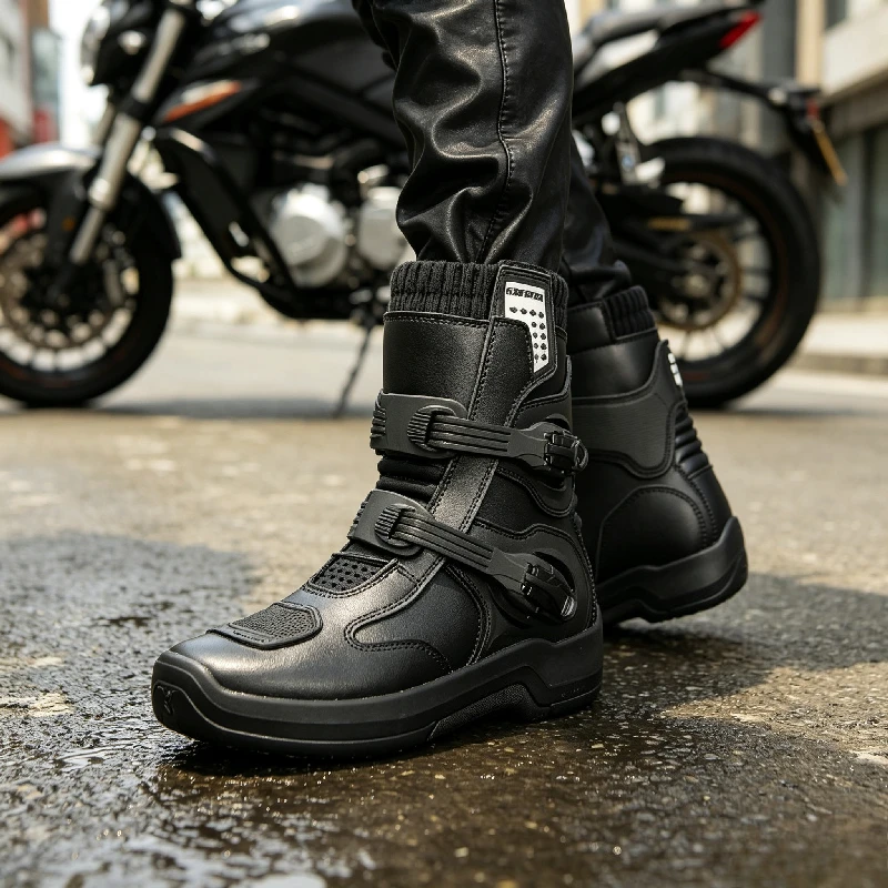 JG.WOLVES Moto Riding Shoes Anti Slip Men Motorcycle Waterproof Leather Boots Anti Slip Off Road Racing Protective Shoes