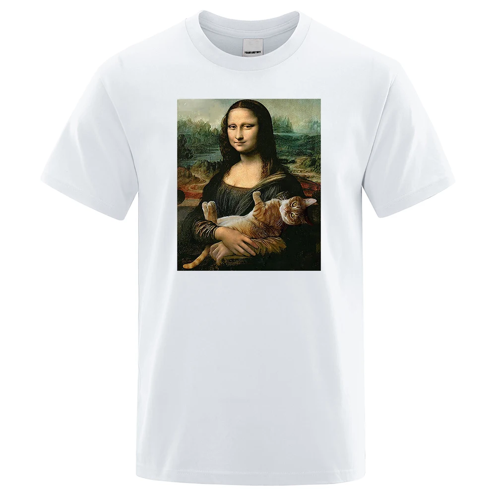 Mens T Shirts Mona Lisa Hugging Cat Lovely Cute Printed T-Shirt For Men O-Neck Gothic Male Tshirt Harajku Tee Shirts Hip Hop