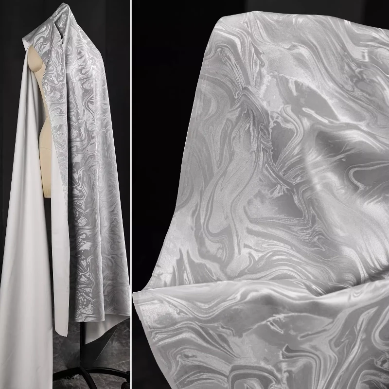 Tech Inspired Silver Grey Fluid Texture Reconstructed PU Leather Fabric for Fashion Designers Clothing High Quality DIY Material