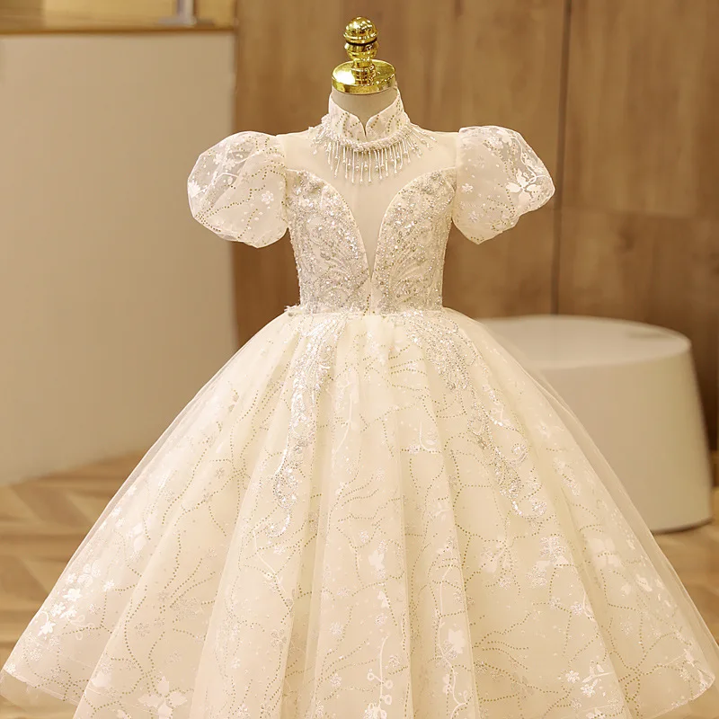 Baby Girls Princess White Sequins Beading Ball Gown Party Dress Brithday Wedding Dresses Children Clothing