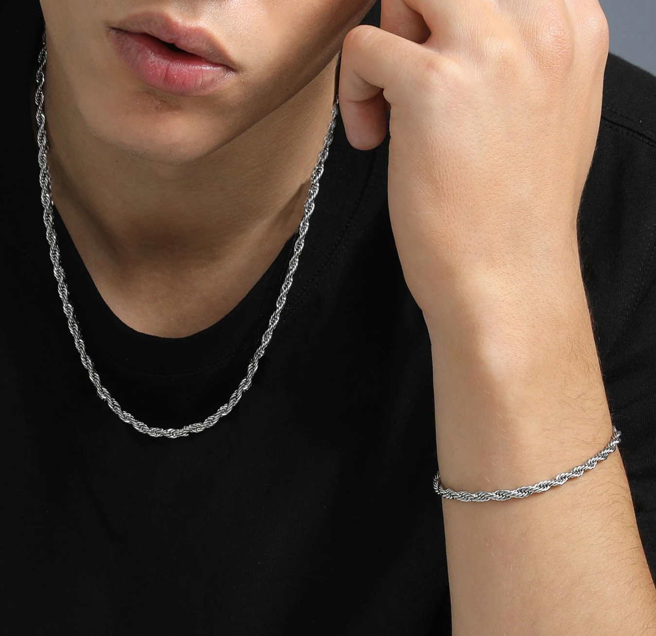 U7 316L Stainless Steel 3mm / 6mm Rope Chain Necklace Bracelets Sets for Men Woman 18-30\