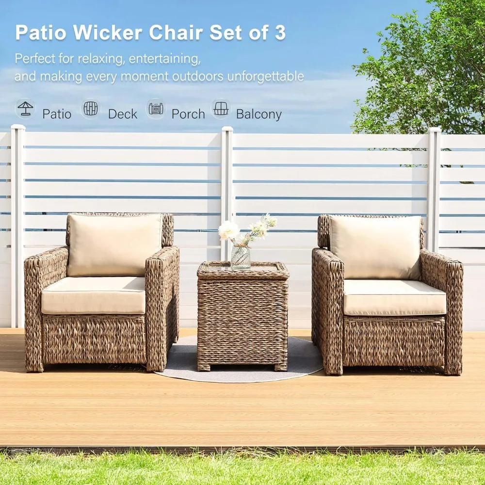 3-Piece Outdoor Wicker Bistro Set with 2 Rattan Lounge Chairs and Tempered Glass Side Table Storage
