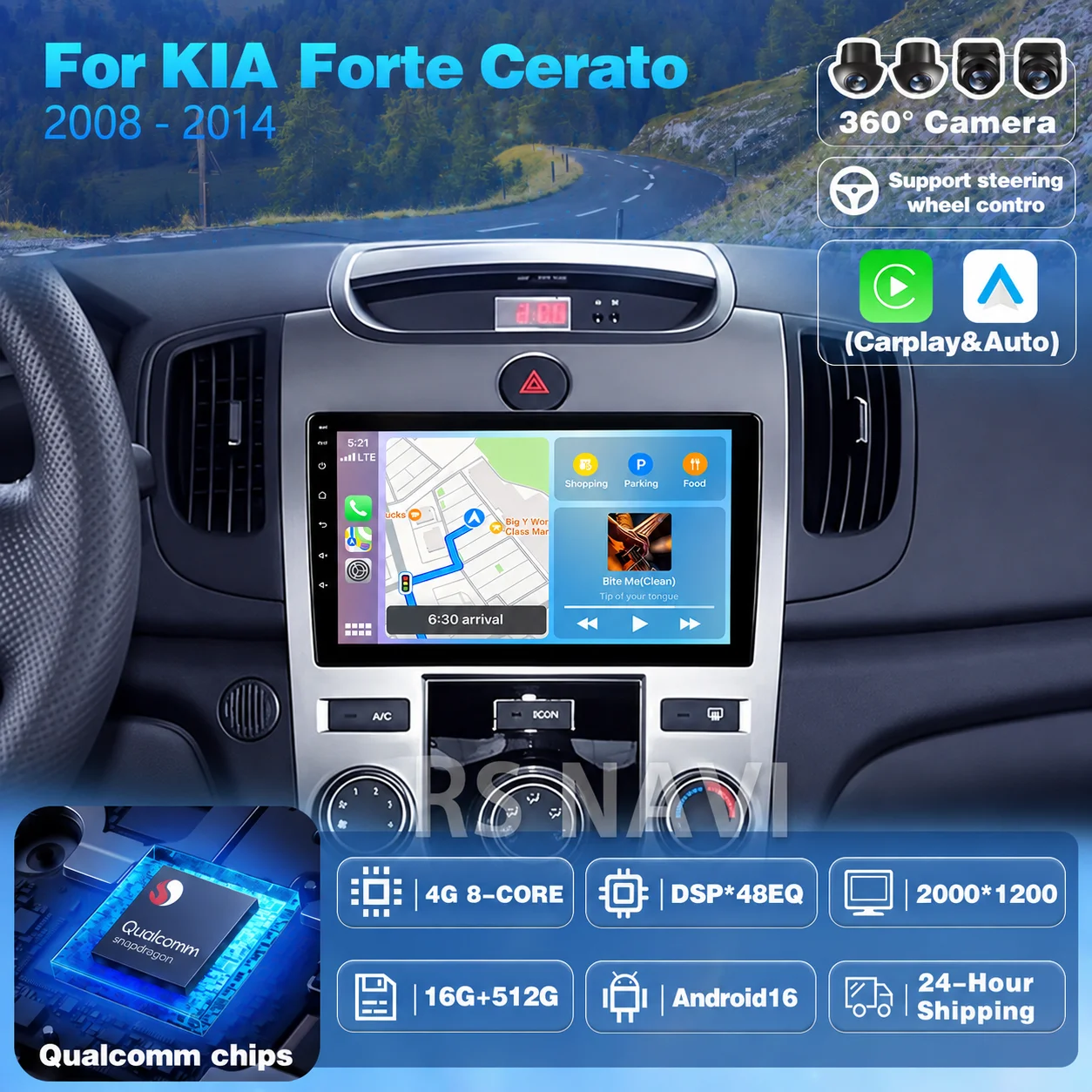 Plug and Play Android 16 Carplay Auto Qualcomm Screen Car Radio Player For KIA Forte Cerato 2008 - 2014 GPS Multimedia Stereo BT
