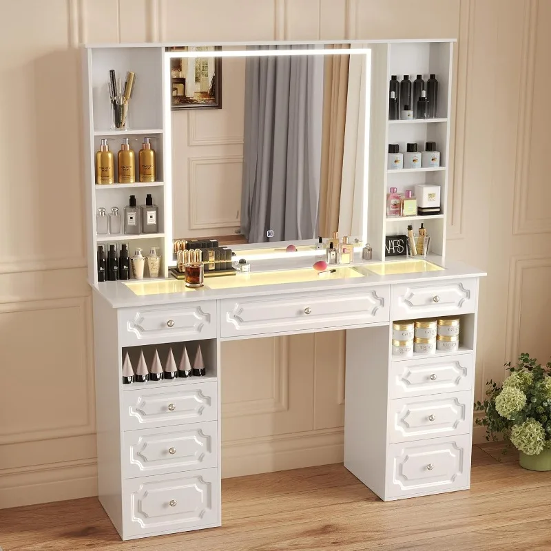 

Vanity with Glass Top and 9 Drawers, Makeup Vanity with Storage Bench,Adjustable Brightness Vanity for Bedroom(White)