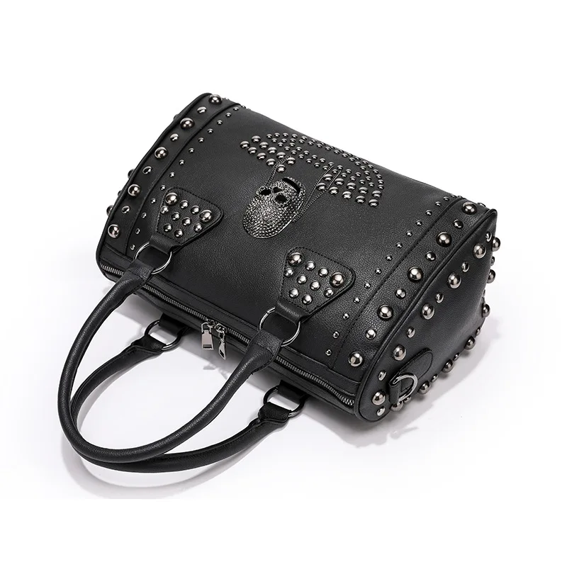 Trendy Metal Skull Studded Black Handbags Gothic Rivet Womens Purse Satchel Handbag Shoulder Bags Large Capacity