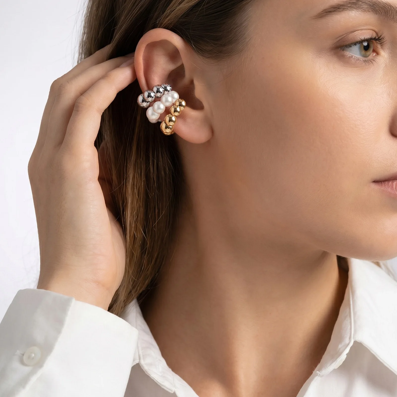 3PCS Non Pierced Bubble Ear Cuff Set, Pearl Gold Silver Color Puffy Clip on Earrings, Chunky Statement Minimalist Bold Jewelry