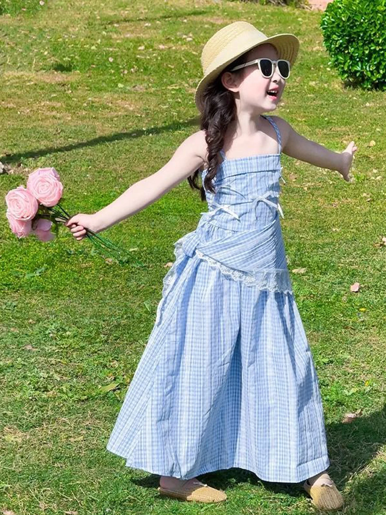 Girls' Blue Plaid Suspender Long Skirt Pastoral Style Dress