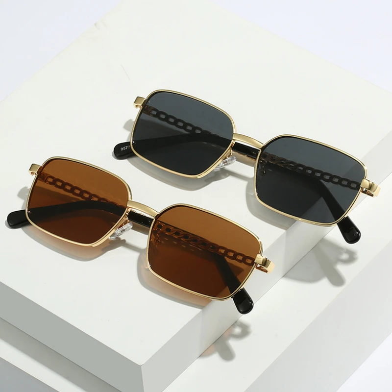 Unisex Luxury Rectangle Metal Sunglasses For Women Retro Vintage Small Frame Decorative Side Chain Temple UV400 Protection Eyewear Trend Personalized European American Fashion Shades 60mm Lens Width