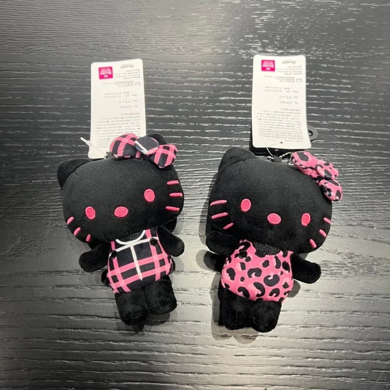 Sanrio All black Hello Kitty fluffy plush toy Keychain Kawaii Cartoon black pink Kitty Bag Car key ring Girly Plush Coin Purse