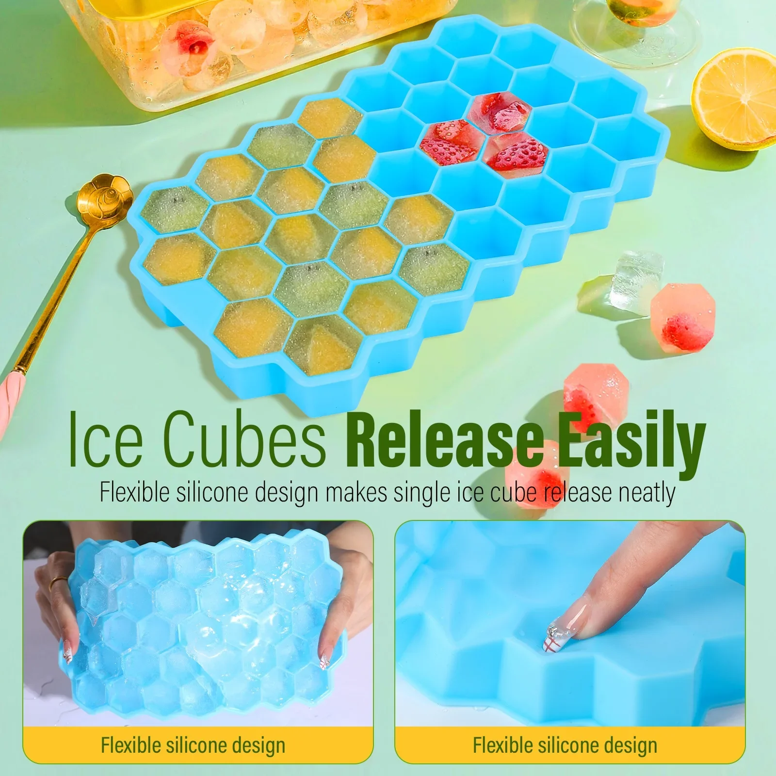 Ice Cube Making Silicone Mold BPA Free 37 Cavity Honeycomb Shape Reusable Ice Cube Mold with Removable Lid