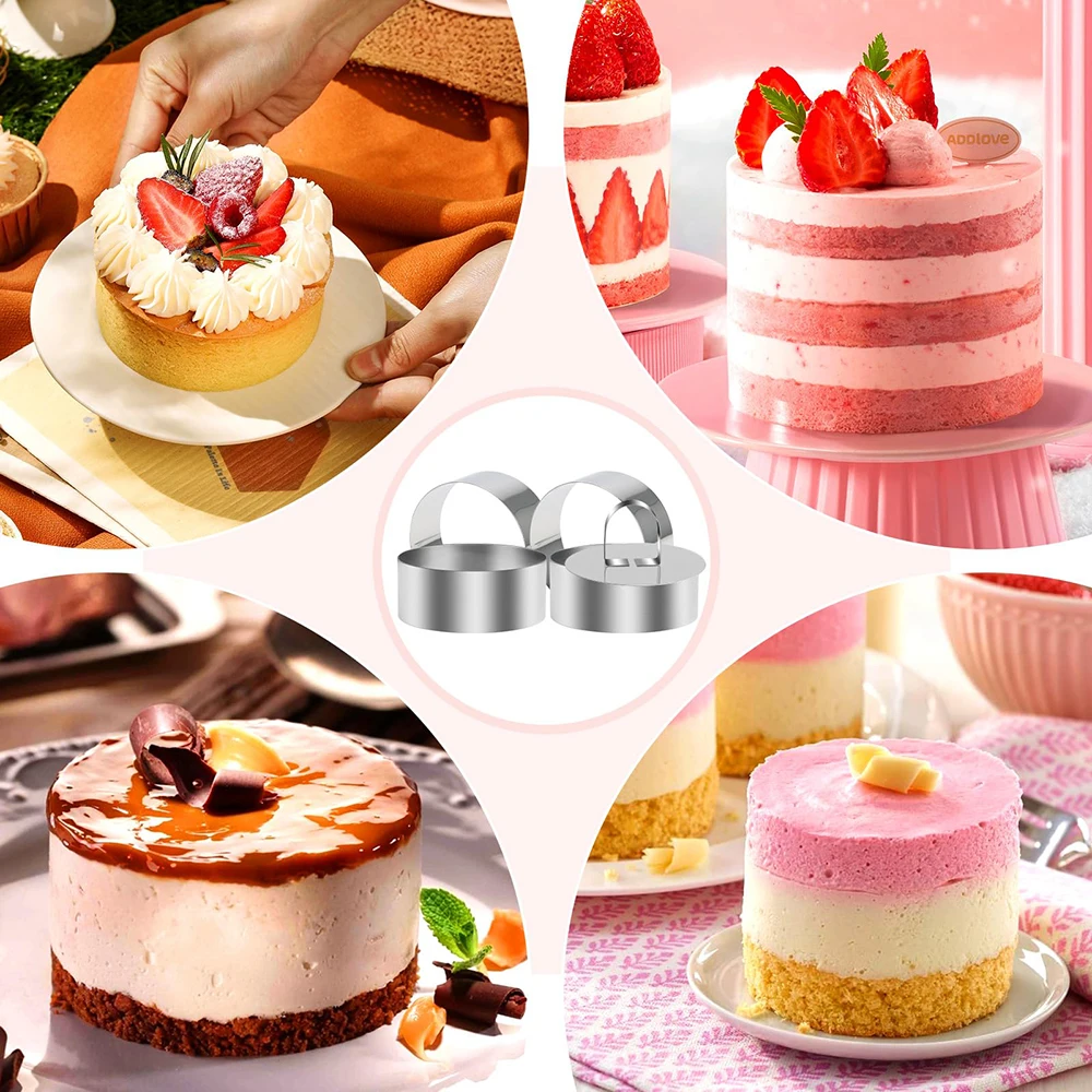 4PCS Round Cake Ring Mold, Stainless Steel Ring Molds, Cookie Rings for Mousse Baking, with Pusher & Lifter, Tuna Tartare Mould