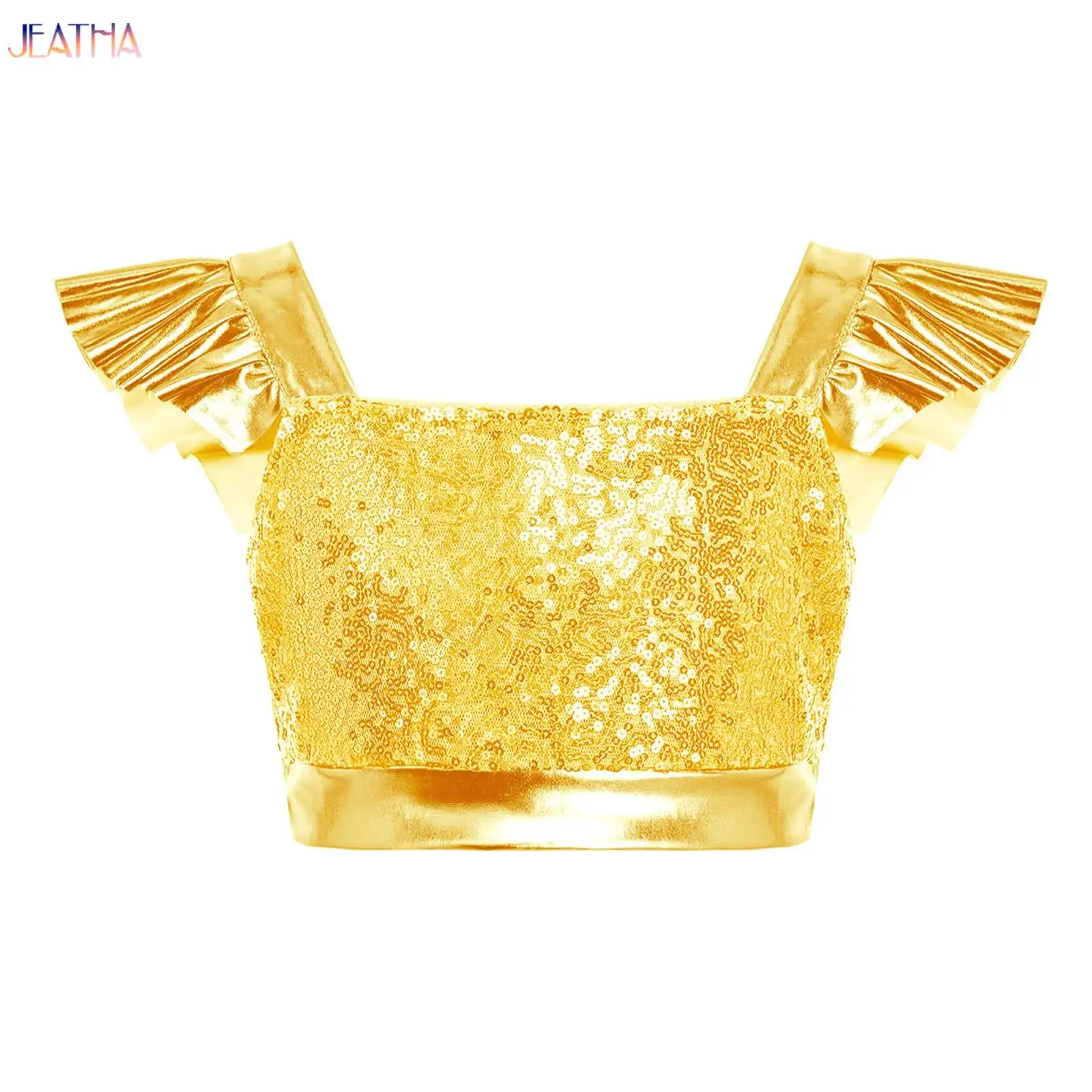 

Children's Shiny Hip Hop Stage Performance Costume Ruffled Sleeves Tassels Tops Streetwear Kids Girls Sequins Crop Top T-shirts