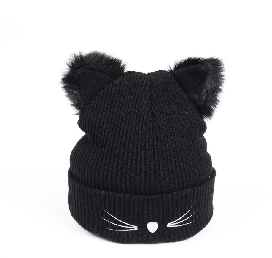 2pcs Christmas Party Cat Furry Ears Hat Warm Cable Knit Kitten Beanie Winter Animal Caps for Women Girls Boys