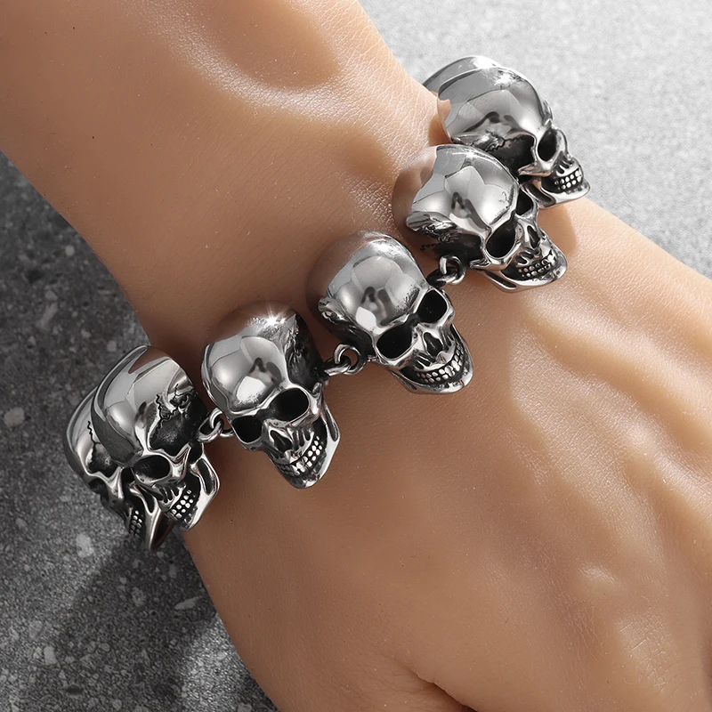 Gothic Hell Demon Ghost Head Bracelet Full Skull Bracelet Men\'s Motorcycle Punk Rock Halloween Jewelry Accessories