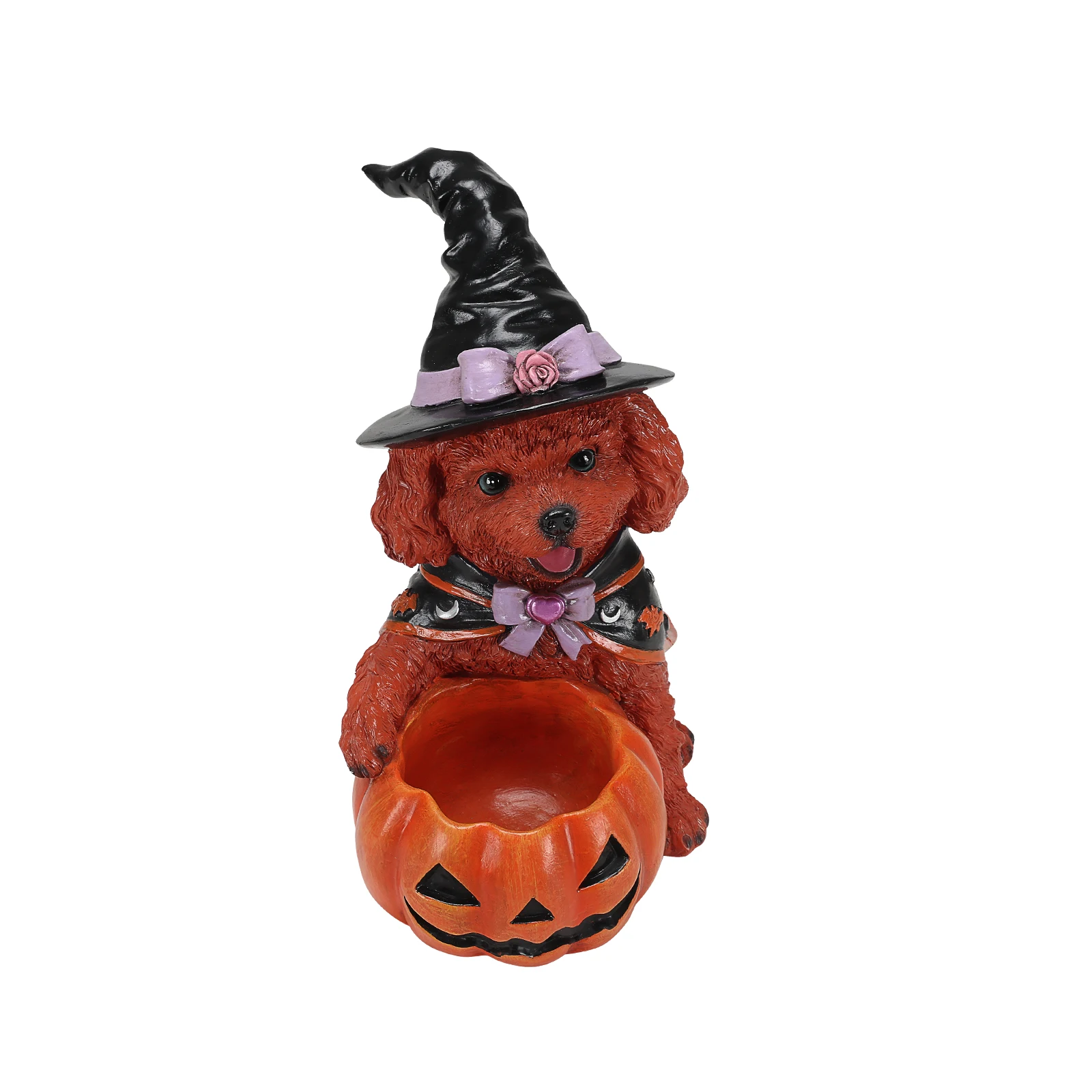 Halloween Brown Teddy Dog Witch Figurine, Cute Puppy Holding Pumpkin Candy Bowl Decoration, Functional Pumpkin Candy Bowl, Detailed Resin Craftsmanship, Hand-Painted Finishes, Tabletop Halloween Decor, 12.6 Inches Tall