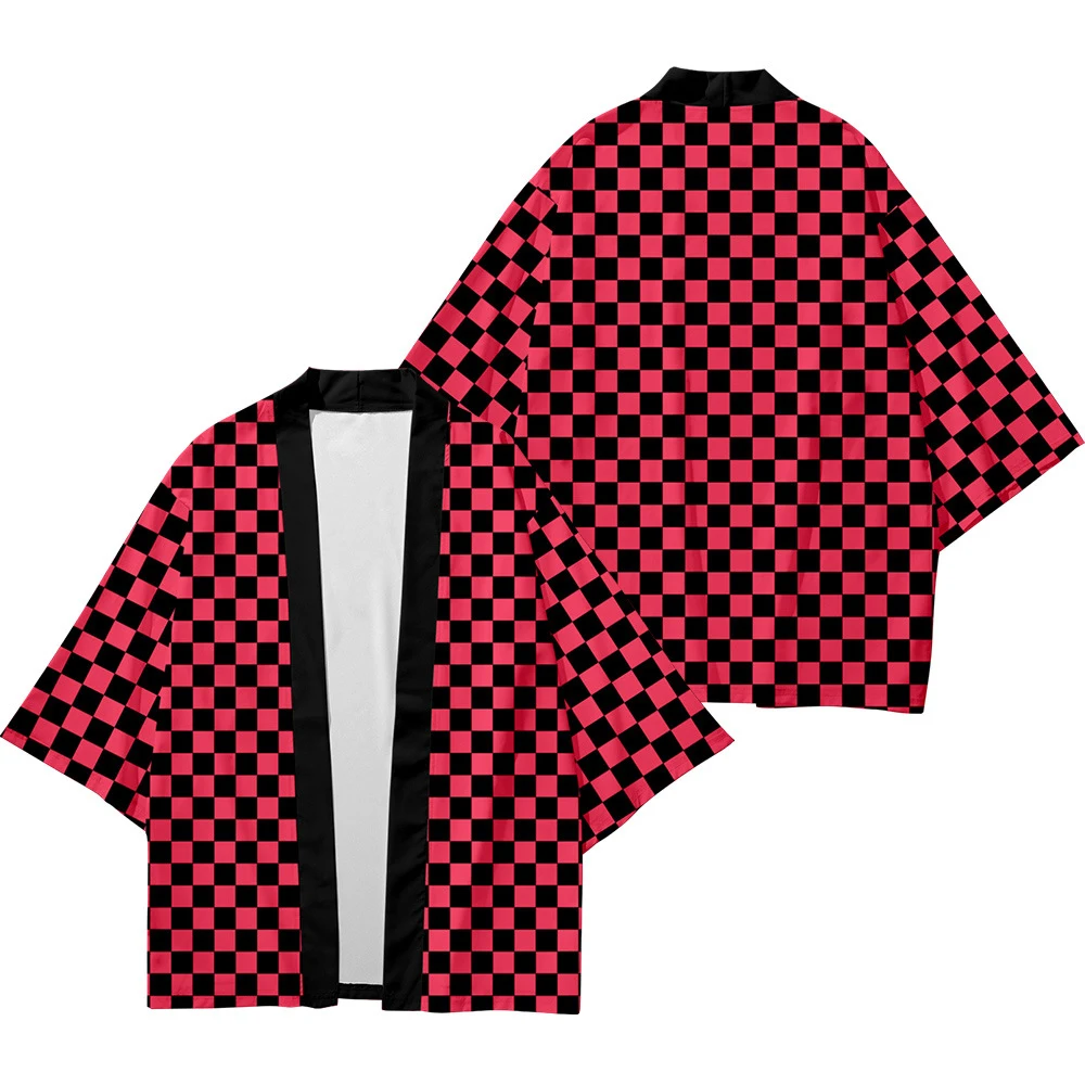 

Men's Japanese Kimono Traditional Checkerboard Casual Loose Thin Jacket Asian Kimono Cardigan 3