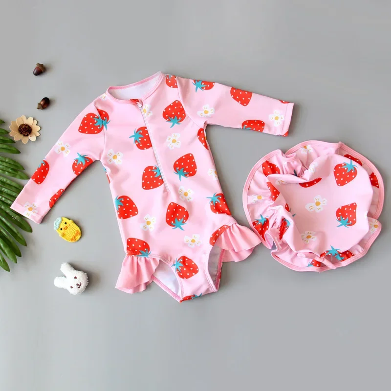 Summer Girls One-piece Swimsuit Baby Girl Cute Floral Print Long Sleeve Zipper Quick-Dry Beachwear Swimwear Toddler Bathing Suit