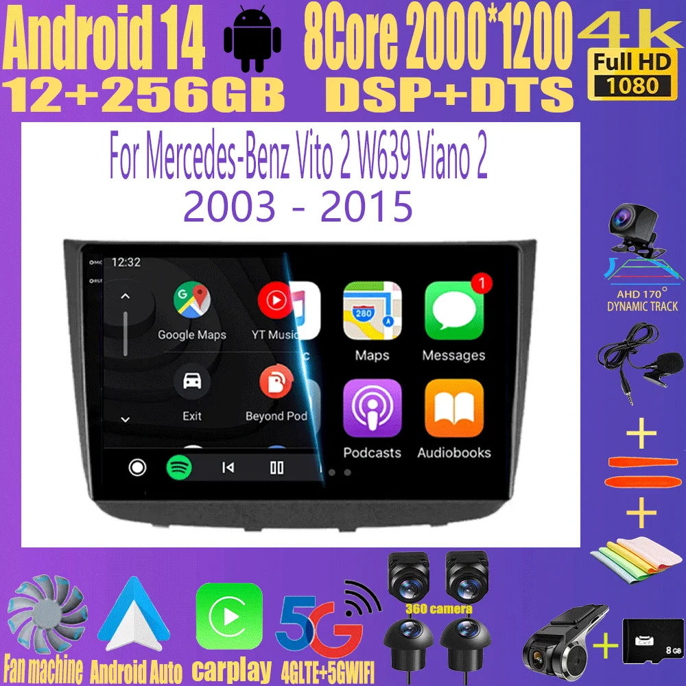 

Android 14 Auto Carplay Car Radio Multimedia Player For Mercedes-Benz Vito 2 W639 Viano 2 2003 - 2015 Navigation GPS 4G+WIFI BT