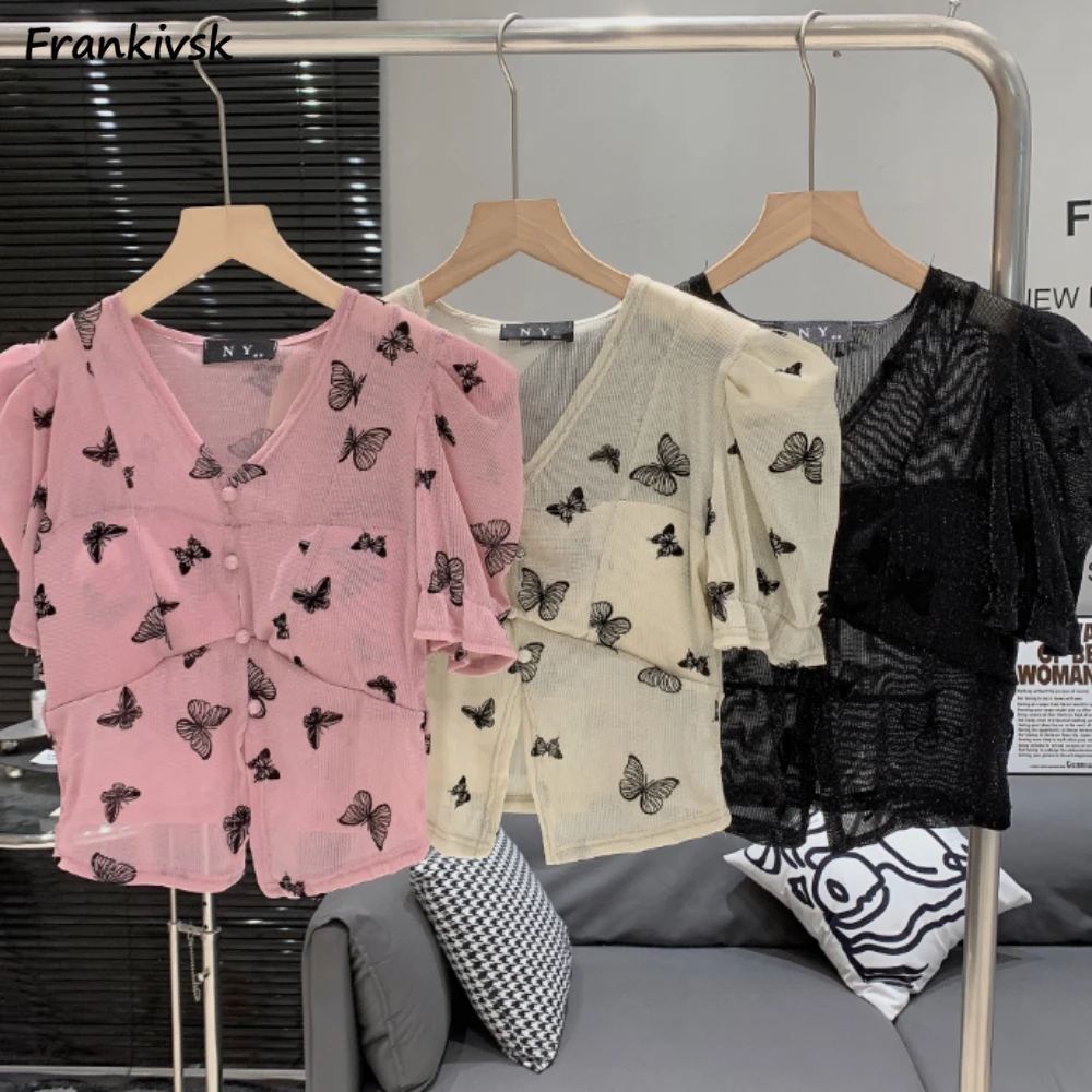 Aesthetic Women Shirts Breathable Loose Single Breasted V-neck Skin-friendly Casual Trendy Girlish Thin Korean Style See Through