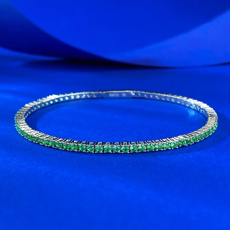 

Popular S925 Silver Emerald/Pink Sapphire Tennis Chain Bracelet 18K White Gold Blue Sapphire Eternity Cuff Bangle Women Jewelry