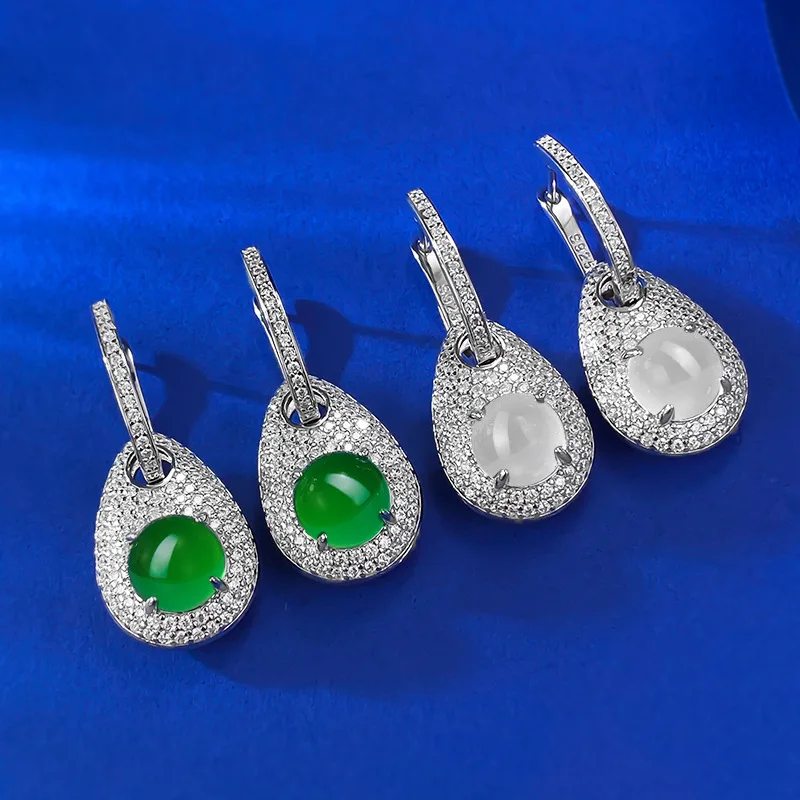 Natural Water Foam Jade Earrings for Women Pure Silver New Chinese Glass Earrings with White Jade Marrow Jade Earrings