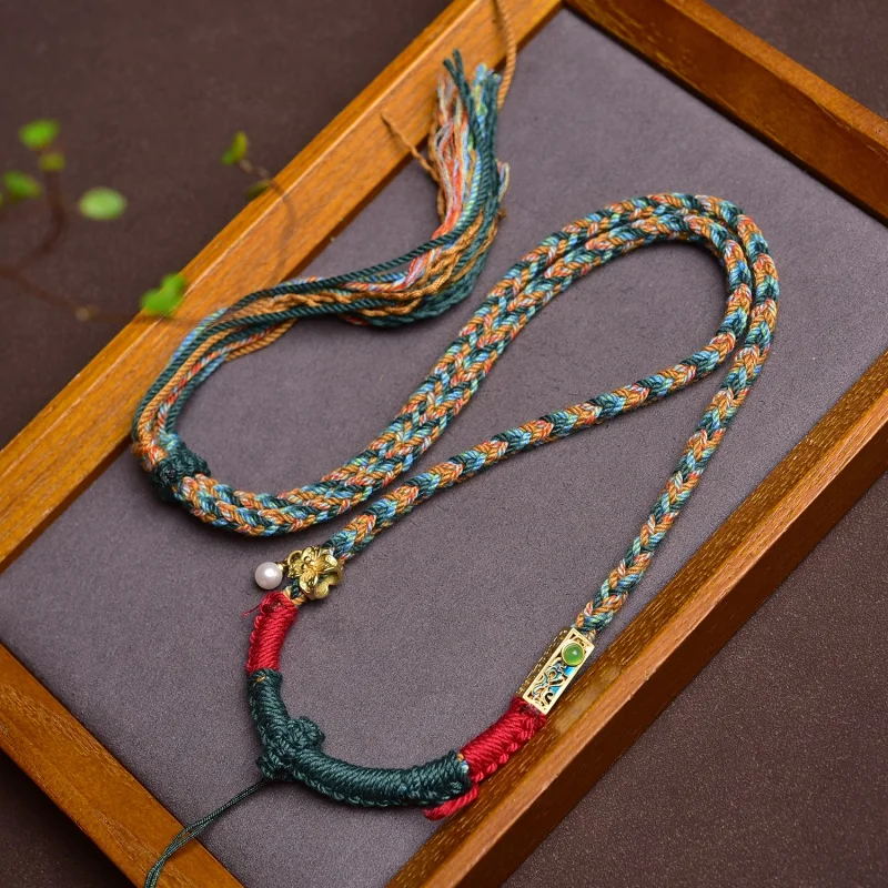 

Tibetan Hand-Knitted Rope Thangka Pendant Rope Amulet High-End Lanyard Beeswax Necklace Rope Hand-Made Cotton Threads Ethnic Sty