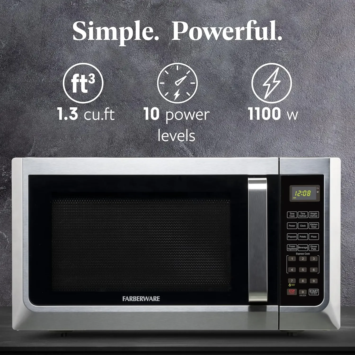 1.3 Cu. Ft. Countertop Microwave Oven - 1100 Watts, Auto Cook, Defrost, Easy Clean, Child Safety Lock - Stainless