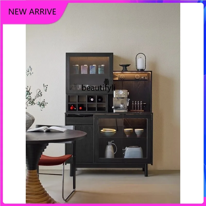 

side of the meal, integrated storage against the wall, tea cabinet, black solid wood storage, coffee side cabinet H