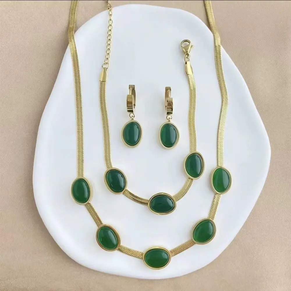 

4Pcs Princess Bracelet Green Rhinestone Jewelry Set Vintage Light Luxury Necklace Earrings Set Choker Crystal Jewelry Suit Party