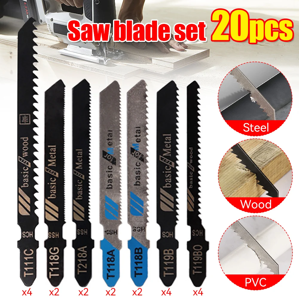 20Pcs/Set Jigsaw Blades T-Shaft HCS Assorted Jigsaw Blades Set Fast Cut Down Saw Blade For Wood Plastic Metal Cutting Hand Tools